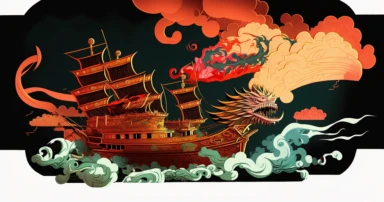 a clipart illustration with a chinese ship on it, in the style of dramatic lighting effects, manticore, multi-layered collage, cartoonish style, monumental murals, smokey background, website,a dragon ship with dragons on it, in the style of digitally enhanced, chinapunk, vibrant stage backdrops, bold graphic illustrations, political illustration, aurorapunk, 2d , chinese dragon in flame, in the style of detailed ship sails, distorted perspectives, exaggerated forms, vibrant stage backdrops, free