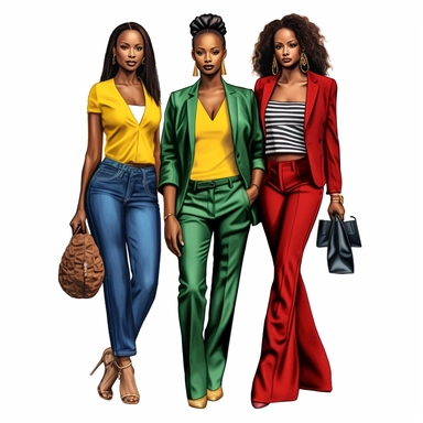 Beautiful african american women, clipart, juneteen red, yellow, and dark green fashion, full body, purse, heels, pants, jacket, shirt, handbag, boss
