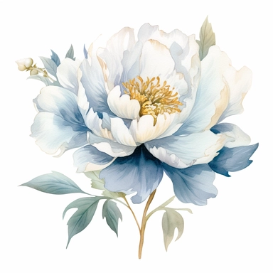 One Dusty blue and white peony flower, big blooms, with muted green whispy foliage with gold flicks, elegant and beautiful floral clipart for wedding invitations, delicate, watercolor, oil painting, defined edge on white background