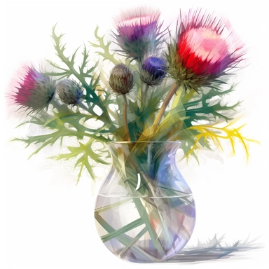 a watercolor of a realistic multicolored thistles bouquet in a tranparent vase, victorial style, vector free clipart illustration, in the style of unreal engine 5, 32k uhd, detailed features, white background