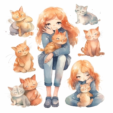 multiple poses characters of a girl hug her cat , watercolor in cartoon grunge style clipart on white background