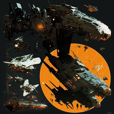 clipart, stickersheet, spaceships and aliens, black background, sparth, akira, John Berkey, Vincent Di Fate, Syd Mead