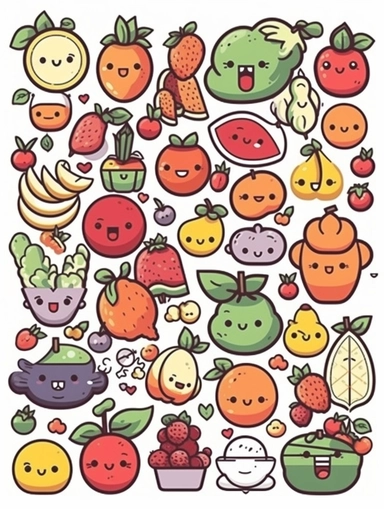 Kawaii doodles clipart set with white background, fruits, cute and adorable, flat design, clearly defined separated image, high quality