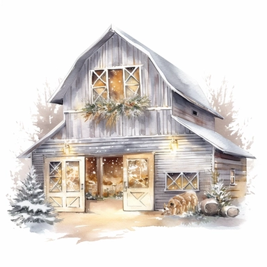 vector watercolor close up silver and gold winter christmas barn decorated in Christmas style decor in winter clipart on white background, close up view, winter christmas barn, silver and gold Christmas color scheme, photorealistic, ultrarealistic, no background, on white