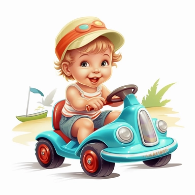 cute baby riding toy car at the beach, summer time, no watermark, white background, clipart