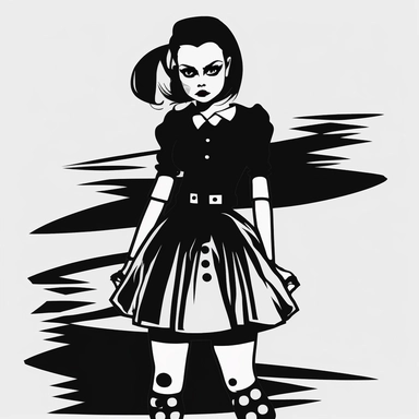 angry goth woman in skirt black and white vector clipart. Pretty face