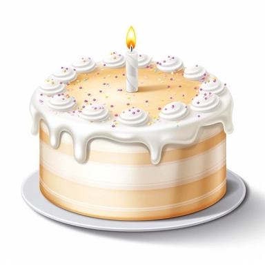 Create a high-quality clipart image of a classic vanilla birthday cake. Show a round cake with layers of fluffy vanilla sponge cake and smooth vanilla buttercream frosting.