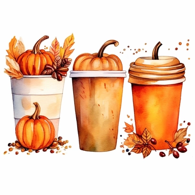 autumn themes four takeaway pumpkin spice latte coffee cups, watercolour clipart, white background