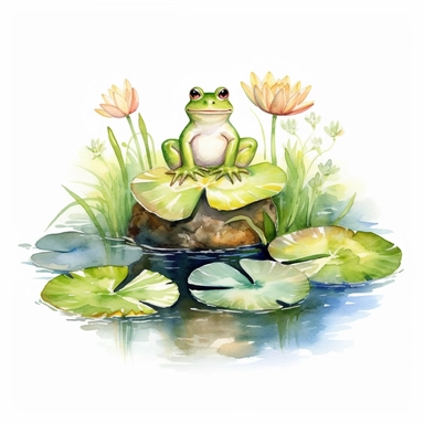 Watercolor Lily Pond Clipart - springtime cute lily pad and frog pond , white background, no text