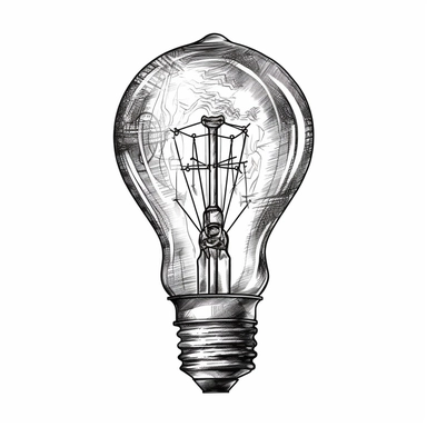 single Vintage steampunk electric light bulb, black and white line drawing Clipart, white background