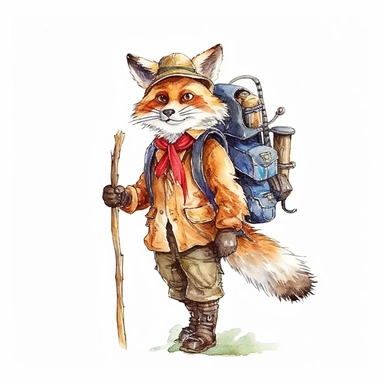 one fox holding a cane and carrying a backpack Watercolor clip art on a white background, in the style of charming character illustrations, realistic brushwork, detailed costumes, adventurecore, cottagepunk, handheld, wallpaper , no watermark, text, 300 DPI , typography, shapes do not stick together, no text in the picture, on a white background