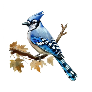 realistic clipart of a blue jay on a branch, white background