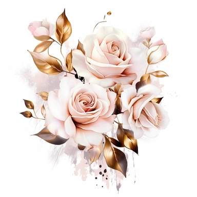 clipart, white background, lush and magical palest pink roses, white background, swirling magical gold alcohol inks in the foreground, clip art