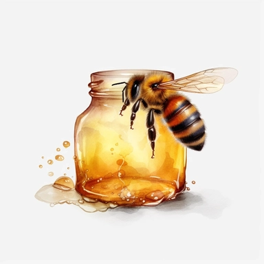 honey bee eating from beauty jar with honey realistic clipart on white backround