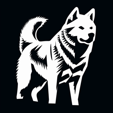 the image of a white Akita Inu on black is shown, in the style of stencil art, heavy outlines, flickr, hard edge, sculpted, woodcut, clipart cut file cuttable cricut vector