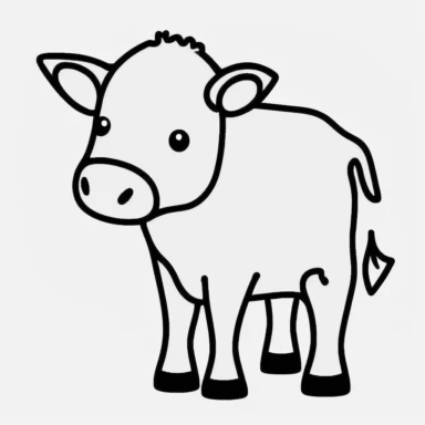 Simple outline of a Calf, kids cartoon, minimalist, black on white, lineart, 2d flat file, silhouette, clipart, uninterrupted outline as in an svg, perfect outline corners, make it an outline svg and fill color white, exact outline, the line should not be thickened, the line should not be thicker or thinner, the outline of the line should be thin, maximum 1 millimetre.