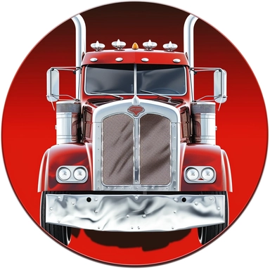big red and chrome semi-truck inside a circle in the style of clipart