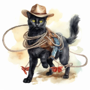 A clipart of a black cat wearing a cowboy hat and a bandana, riding a horse and holding a lasso, watercolor style, realistic, bright colors, 300 dpi, 8k, white and clear background