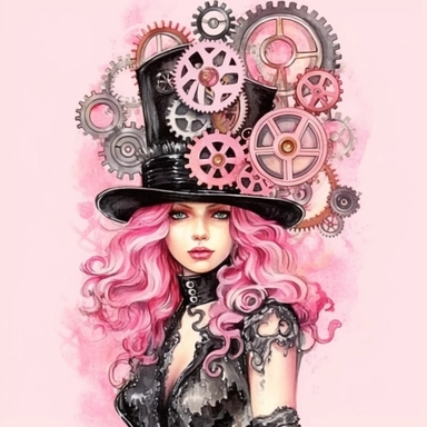 pink watercolor steampunk ringmaster clipart, metallic, gears, iron pink gray black, 32k. highly detailed