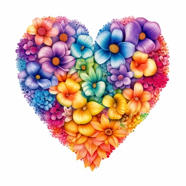 Cute Beautiful Rainbow Heart Flowers Pride LGBT Sublimation Clipart,Cartoon, hyper realistic, intricate detail, illustration style,high solution,on the white background