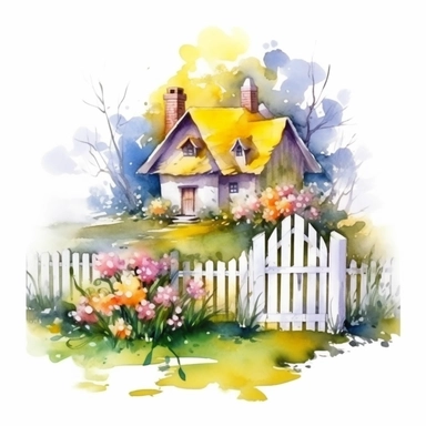 clipart, isolated on white background, beautiful cute Watercolor Spring Cottage - cute little house with fence and chimney, tree and flowers, ornated, vivid and saturated colors