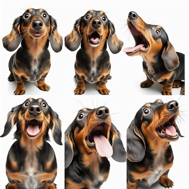 collection of funny diverse dachshund on a white background, cute, tongue out, clipart, photorealism