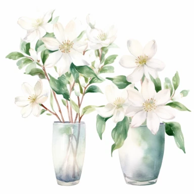 Set of watercolour night jasmin flower clipart in a flower-vase white background
