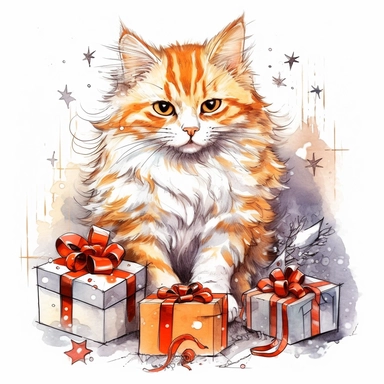 cozy orange-white cat with christmas time presents, clipart, watercolor technique, black contour lines, octane render, K8,