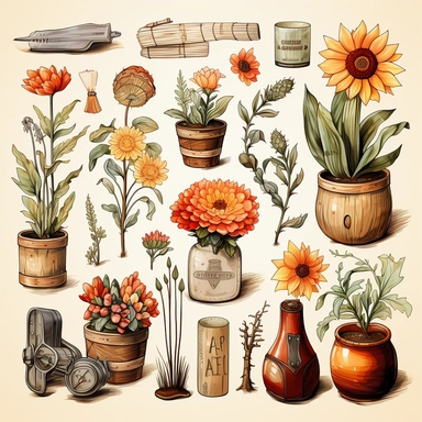 western items in the style of delicate children's book illustrations, clip art style, minimalistic details. depicted in a hand-drawn doodle style, with pastel painting techniques creating a soft and dreamy effect, set against a clean white background