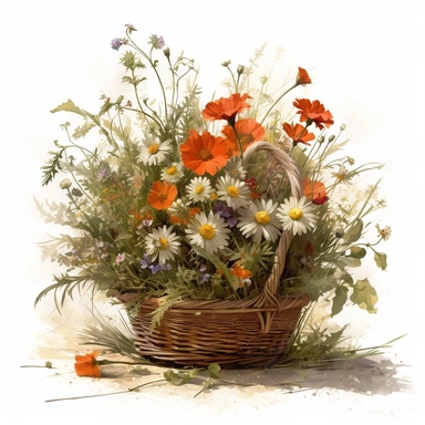 a simple gorgeous basket arrangement with wildflowers and flowers, and green foliage on white background clipart, Earthy tones of orange, brown, and deep red color theme, watercolor painting realistic, high quality, vibrant, Vicente Romero Redondo, Willem van Aelst, Elsa Beskow