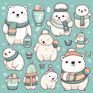 Charming polar bear clipart in the style of hikari shimoda, showcasing these adorable arctic animals in various playful poses and expressions, adorned with winter accessories