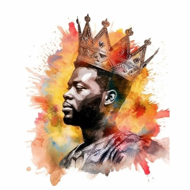 Watercolor floral African American king with a crown, radiating with fire in a pulpit, realism, png format,Clipart, Sublimation, white background