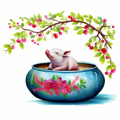 a small pot bellied piglet in a red sweater laying down under a Weeping Willow ,Teal Pink Purple Red Neon Green wildflowers surrounded by floral elements and splashes of watercolor in the background clipart ON A WHITE BACKGROUND