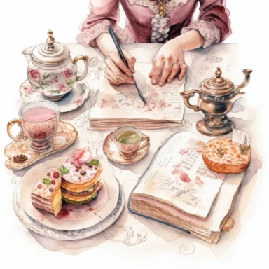 watercolor, hyper realistic, white background, white margins, 16k, ultra detailed clipart, cut out image, hand-drawn, whimsical a Victorian person writing a letter with a quill pen at a table set with a tea set and pastries, with a color scheme of soft pink and cream