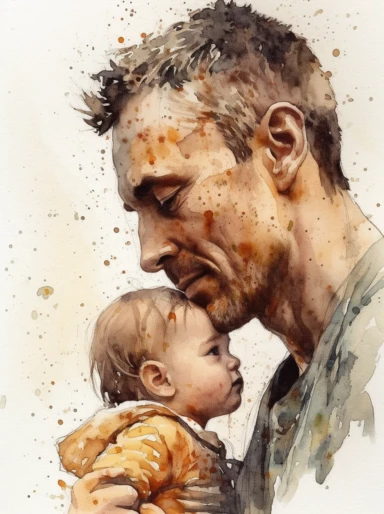 DESIGN A MAGNIFICENT AND EXQUISITE BREATHTAKING ONE-OF-A-KIND HIGH QUALITY HIGHLY DETAILED MASTERPIECE WATERCOLOR CLIPART ILLUSTRATION OF A dad’s love for his son, in the style of paul hedley, florian nicolle, transparent layers, scott adams, brushwork texture, light amber and amber, pointillist optical illusions