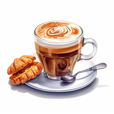 Isometric illumination of commercial shot of ultra - realistic watercolor painting of a really delicious coffee with a biscuit, cappucino art heart clipart, good looking food, delicious, yummy, foodie, healthy, white background no text, isolated on white, watercolor illustration, award winning, strong and sharp lines, upscale