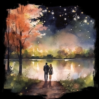 Watercolor, A couple by the river in bloom, night,clipart on black background