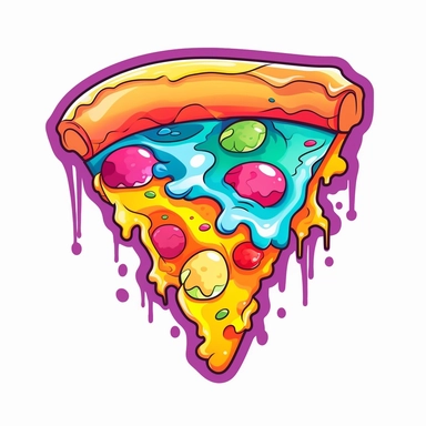 White background: discreet and minimalist, a cute, kawaii, vector Pizza Slice, sticker, isolated on white background, vibrant colors, lisa frank style, clipart