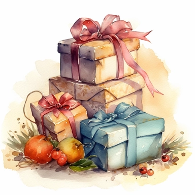 insanely beautiful pile of 3 gift packages , in the style of beatrice potter, 32k uhd, hand-painted details, pastoral illustrations, amazing colour combinations , aquarellist, hd , white background clipart ,-- no watermark--ar 27:37
