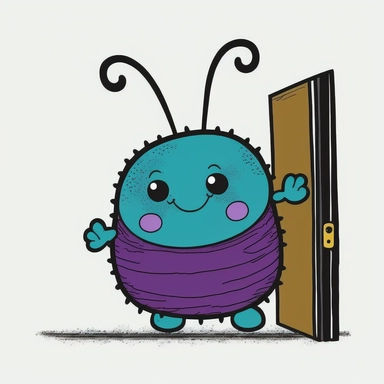 roly-poly bug knocking on the door, clipart style, vector, logo, cute, golden, purple, teal, pink, lite blue, picture book style, children's lesson book, captivating, kid friendly cute character, black and white, coloring book style, cartoon style, vector image, simple, line art style, character, white background