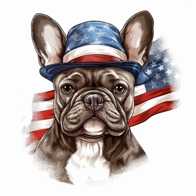 sticker, white background, merle pround french bulldog, in style Independence Day in usa, hat with an american flag, clipart