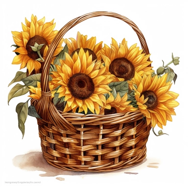 watercolor, hyper realistic, white background, white margins, 16k, ultra detailed clipart, cut out image, hand-drawn illustration style for picture books A basket of freshly picked sunflowers, ready to be taken home. Use warm golden tones for the sunflowers and brown tones for the basket.