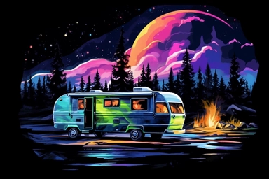 northern light camper scene, watercolor, colorful, bright vibrant, black background, clip art