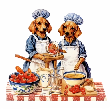vintage cute dogs baking, wearing clothes, in the style of edward gorey, clipart, white background