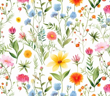 flora, flowers, Watercolor, vector, white background, clipart, Seamless patterns, repeating patterns design, flat illustration, outlined , Vector, 4K, Art station, digital print, highly detailed clean, A detailed illustration a field,3D vector art, cute and quirky, fantasy art, watercolor effect, bokeh, Adobe Illustrator, hand-drawn, digital painting, low-poly, soft lighting, bird's-eye view, isometric style, retro aesthetic, focused on the character, 4K resolution, vector image, photorealistic 