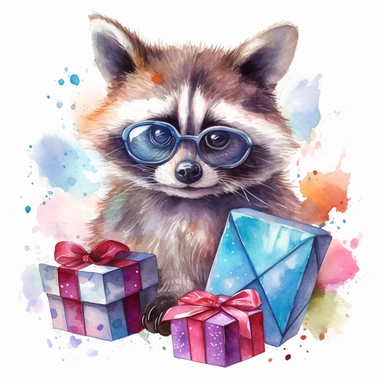 please create watercolor clipart of a raccoon smiling, wearing party GLASSES, SURROUNDED BY BIRTHDAY PRESENTS, colorful, WHITE BACKGROUND