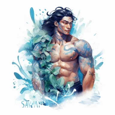 watercolor Maui in his human form, muscular, tattoos, ocean waves, clipart, white background, by Pixar, by Kawacy