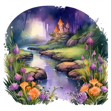 cartoon fairy glen by the River, grass and flowers line the sides if the river, glowing lights and sparkles, colors of green purple gold and blue, glamorous realistic and detailed, watercolor, white background with margins, clipart style