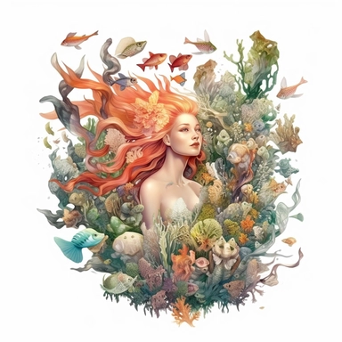 under water sea world a mermaid swimming with other creatures like fish squid starfish coral leaves, vector, clipart, animation style, digital painting, water color, lighting effect, iltra realistic, highly detailed, volumetric lighting 8k, 32-bit, classical fantasy,white background