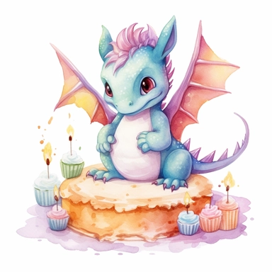 Cute happy Watercolor cake Baby Dragon Clipart, on a white background
